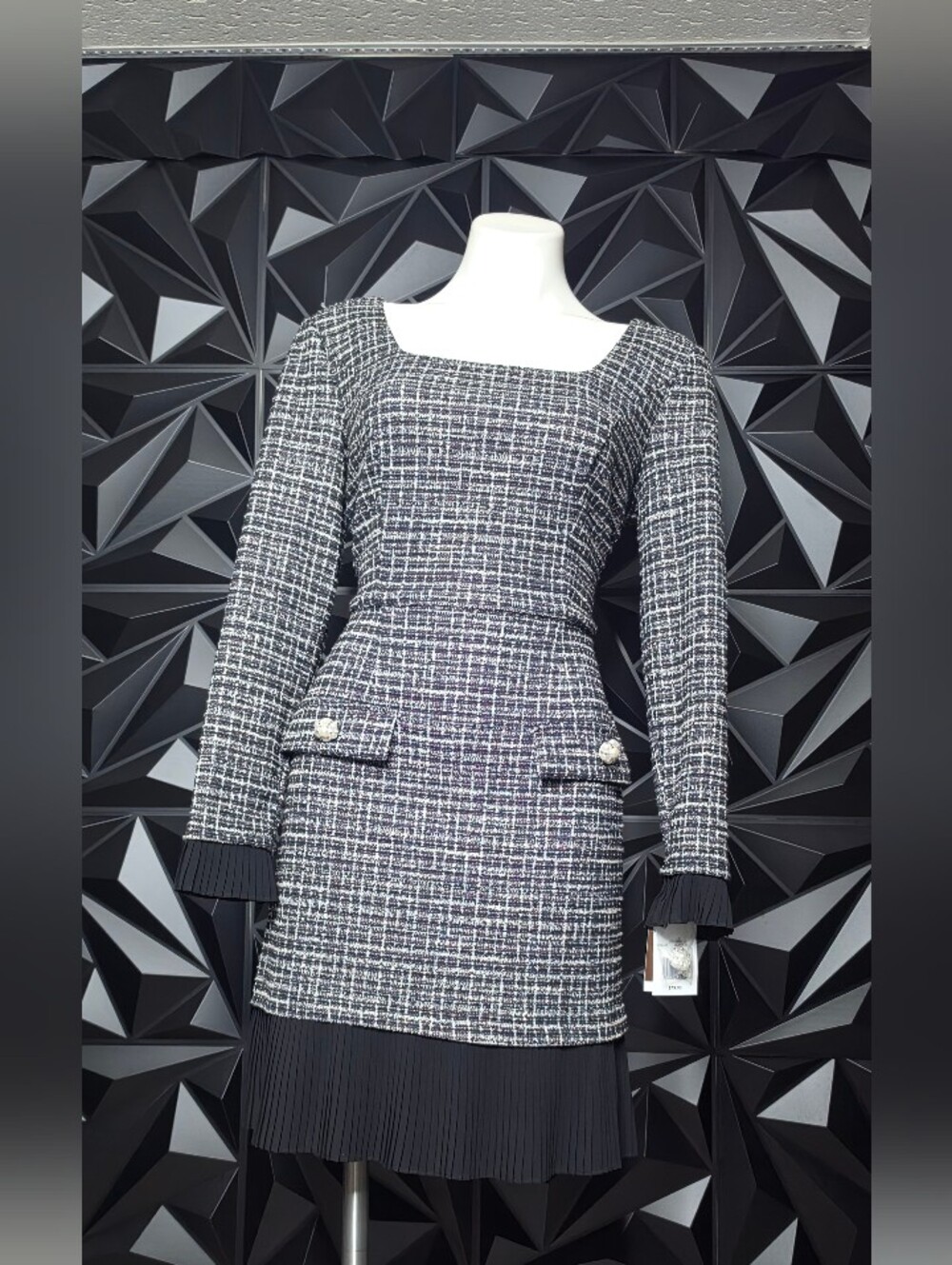 Taylor Black and White Tweed Long-Sleeve Dress with Pleated Hem